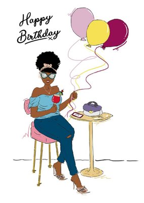 Lady and Balloons Happy Birthday Card