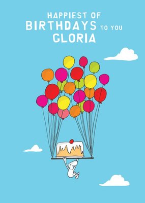 Illustration Of A Character Floating High In The Sky With Cake And Colourful Balloons Birthday Card