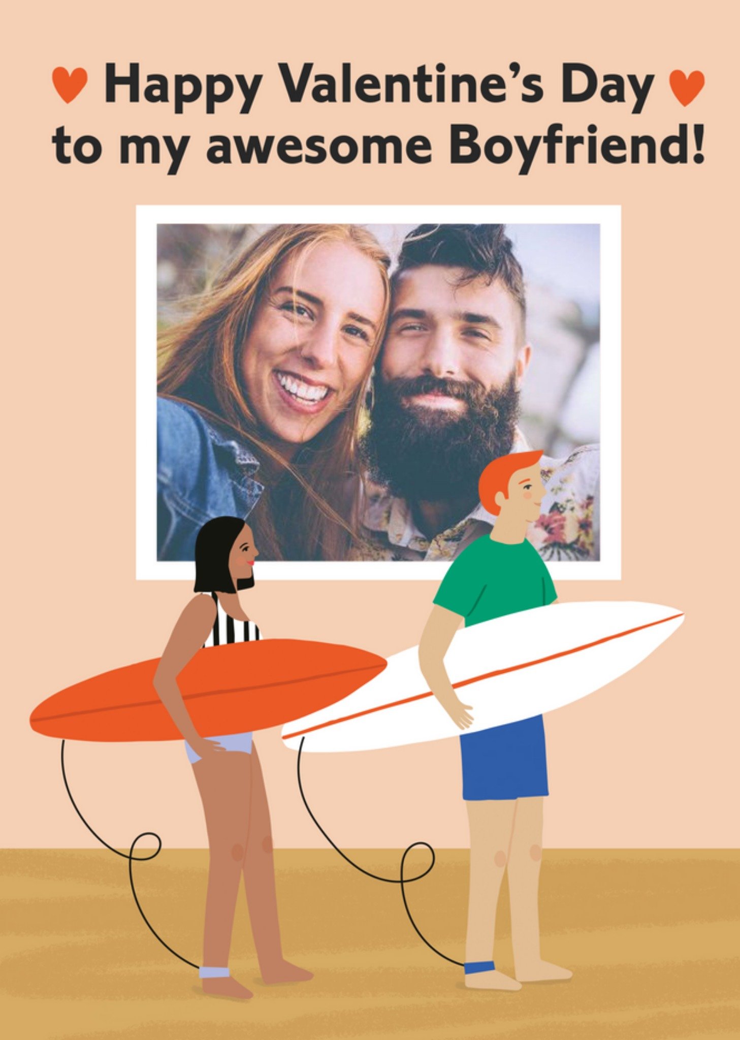 Moonpig Surfer Couple Illustration Photo Upload Valentine Card, Large