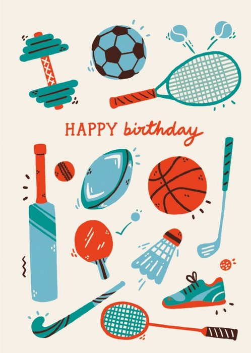 Happy Birthday Sports Equipment Illustration Card