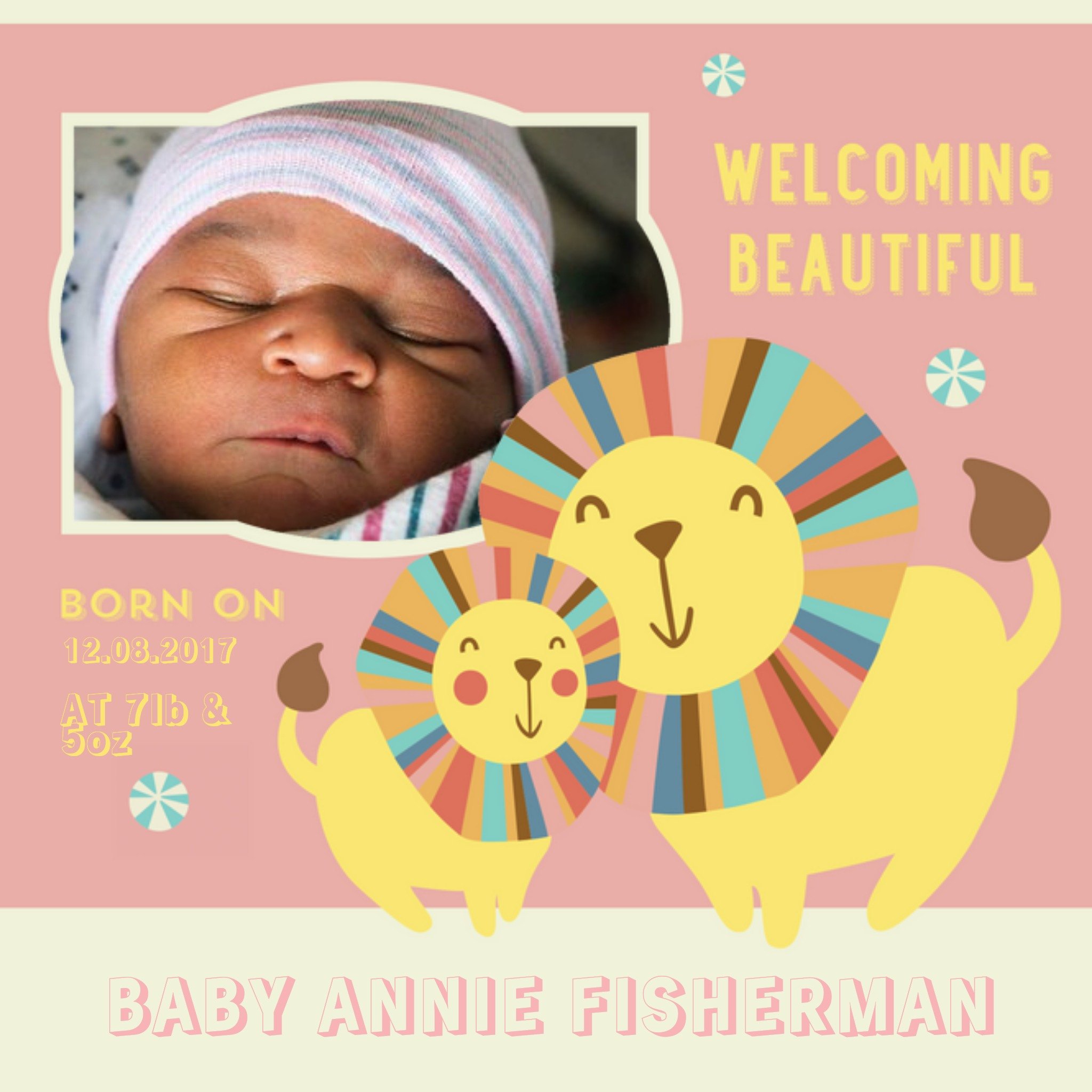 Rainbow Lions New Baby Photo Upload Card, Square