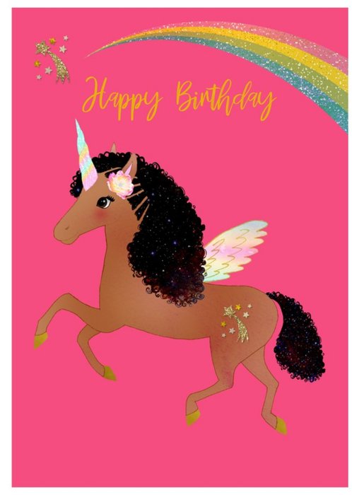 Brown Unicorn and Rainbow Birthday Card