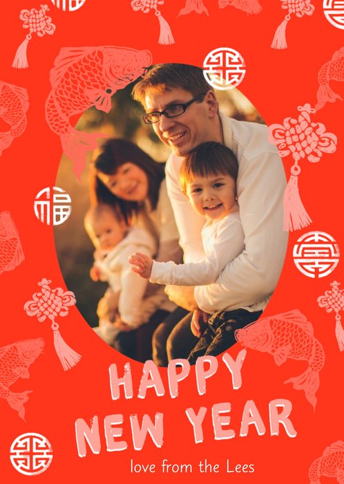 Red Fish Patterned Personalised Photo Upload Chinese New Year Card