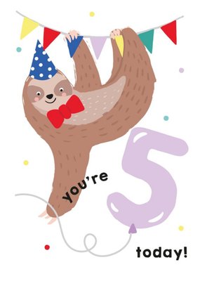 Illustrated Cute Sloth Party Hat Youre 5 Today Birthday Card