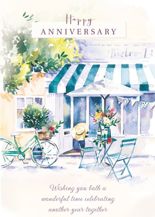 Illustrated Cafe Front Happy Anniversary Card