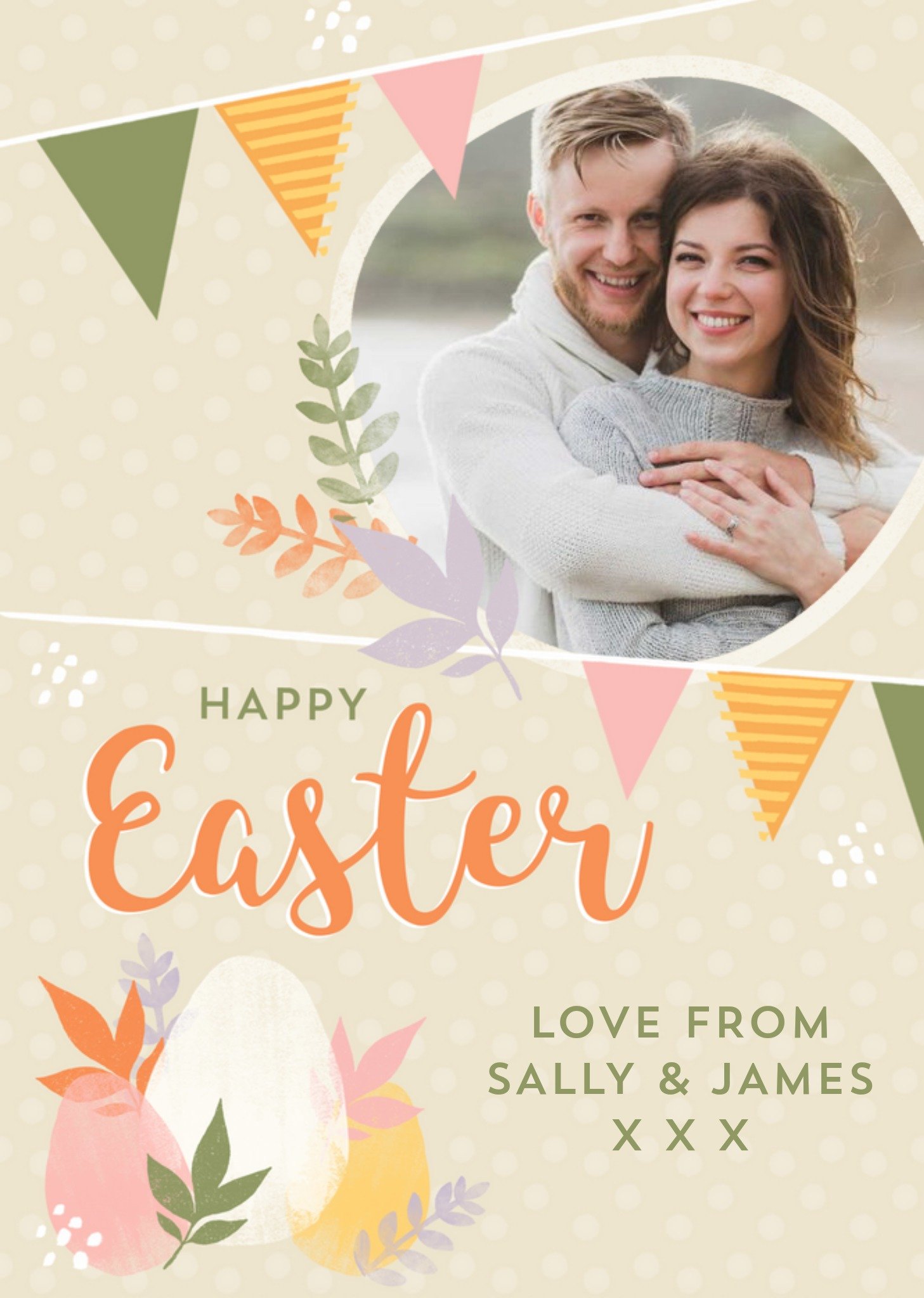 Eggs And Buntings On A Polka Dot Background Happy Easter Photo Upload Card Ecard