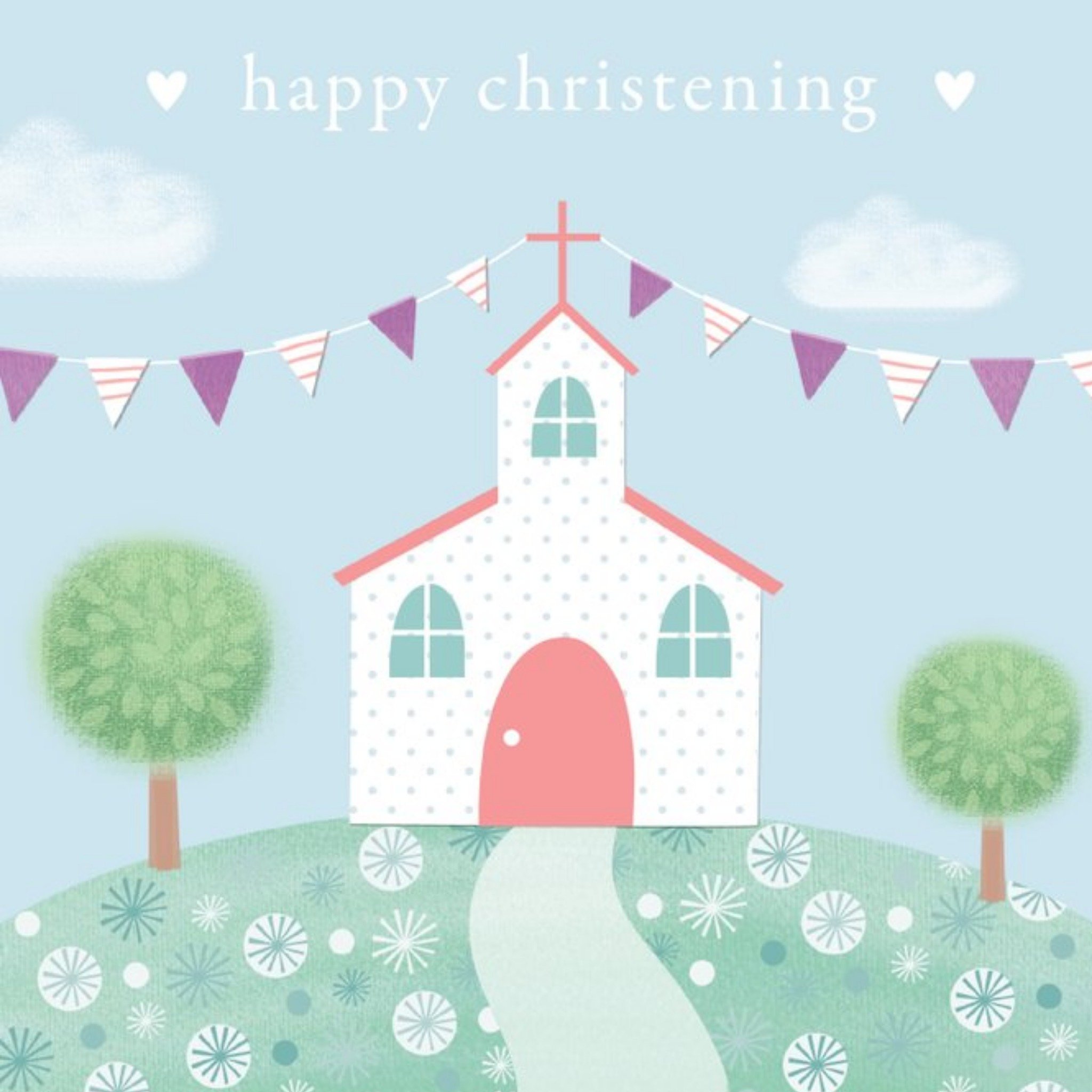 Happy Christening Church Bunting Cute Card, Square