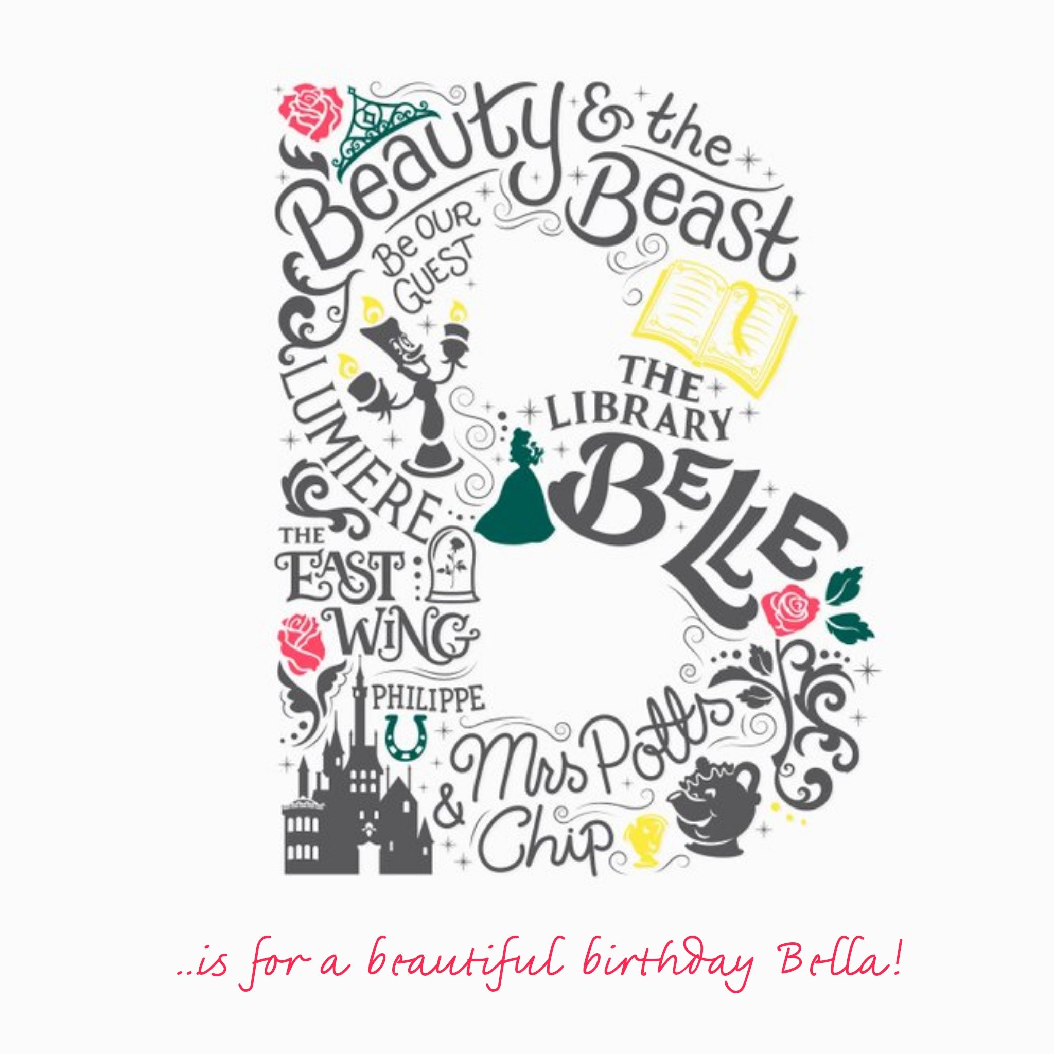 Disney Scribble Beauty & The Beast Personalised Text Card, Large