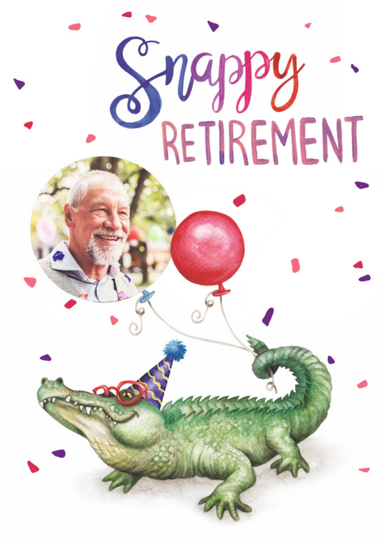 Moonpig Illustration Of A Crocodile With Balloons Funny Pun Photo Upload Retirement Card, Large