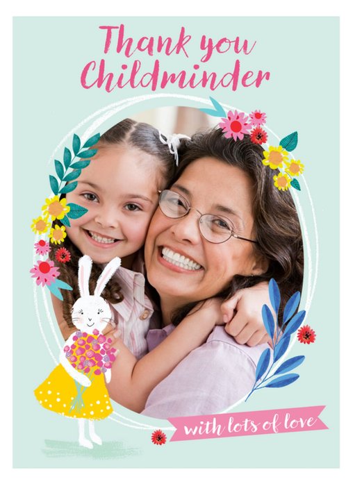 Paperlink Photo Upload Cute Bunny And Floral Illustration Thank You Childminder Card