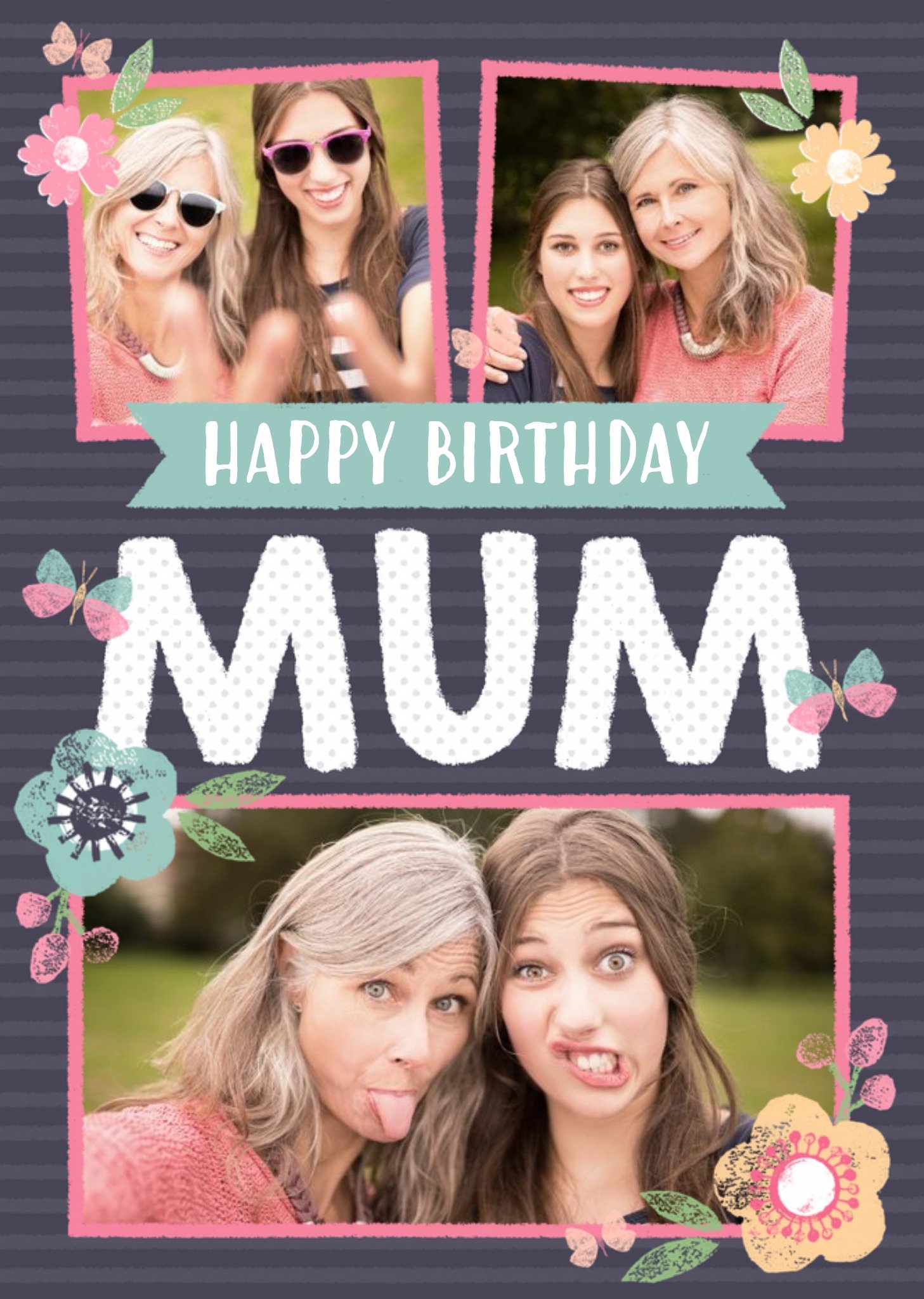 Moonpig Stripes And Flowers Multi-Photo Happy Birthday Card Ecard