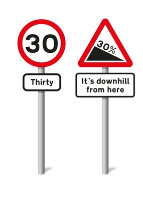 Graphic Illustration Of Road Signs Its Downhill From Here Thirtieth Funny Pun Birthday Card
