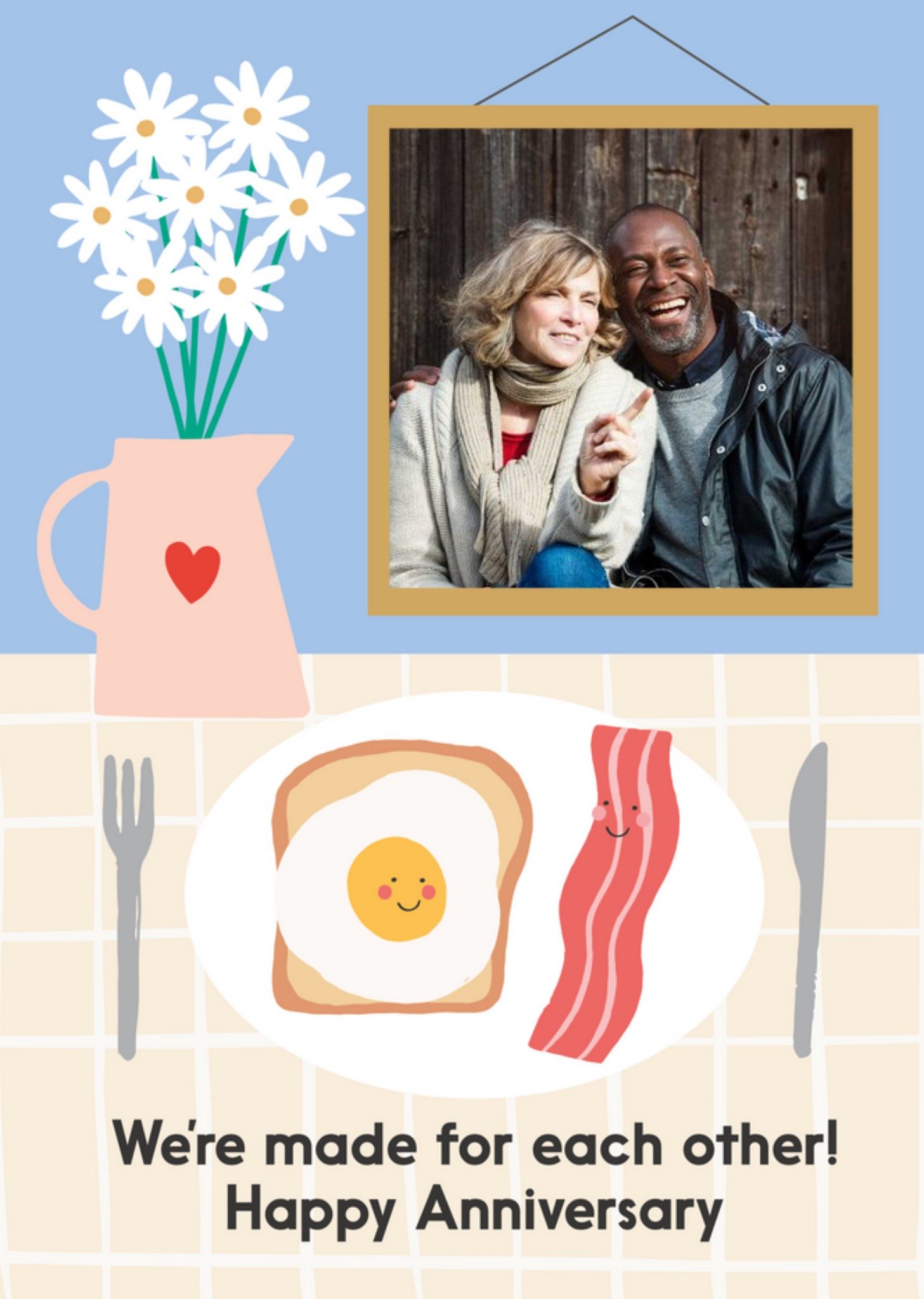 Illustration Of Bacon And Egg With A Picture Frame Happy Anniversary Photo Upload Card Ecard