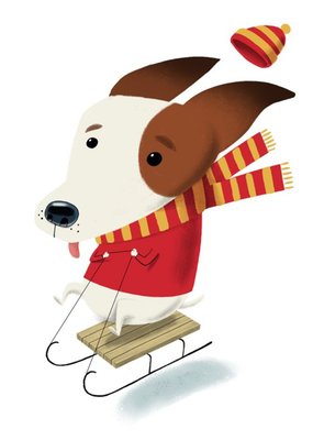 Modern Cute Illustration Dog On Sledge Christmas Card