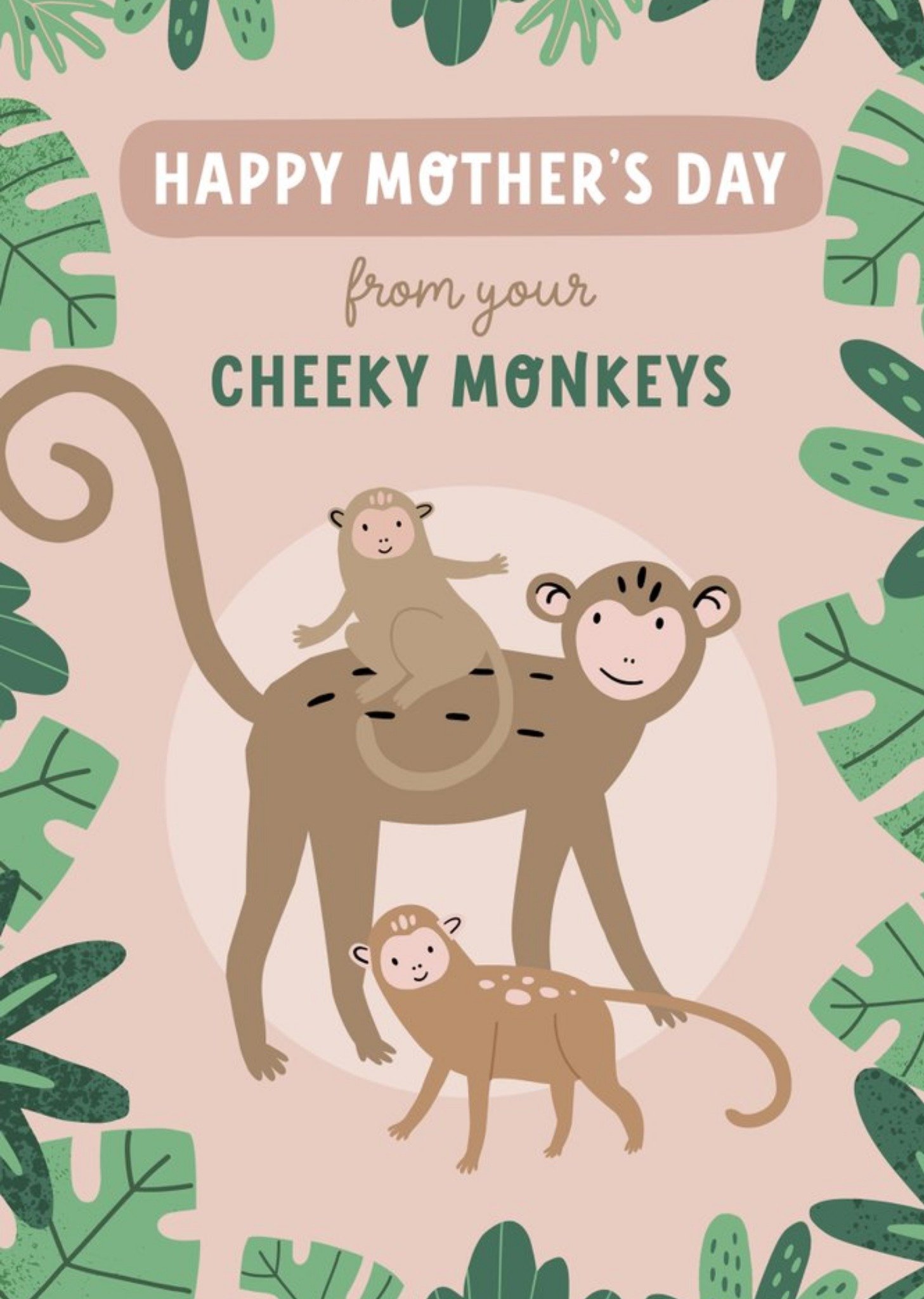 Illustration Of Cute Cheeky Monkeys Surrounded By Jungle Foliage Mother's Day Card Ecard