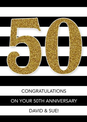 Black And White Stripes With Glitter Number Personalised 50th Anniversary Card
