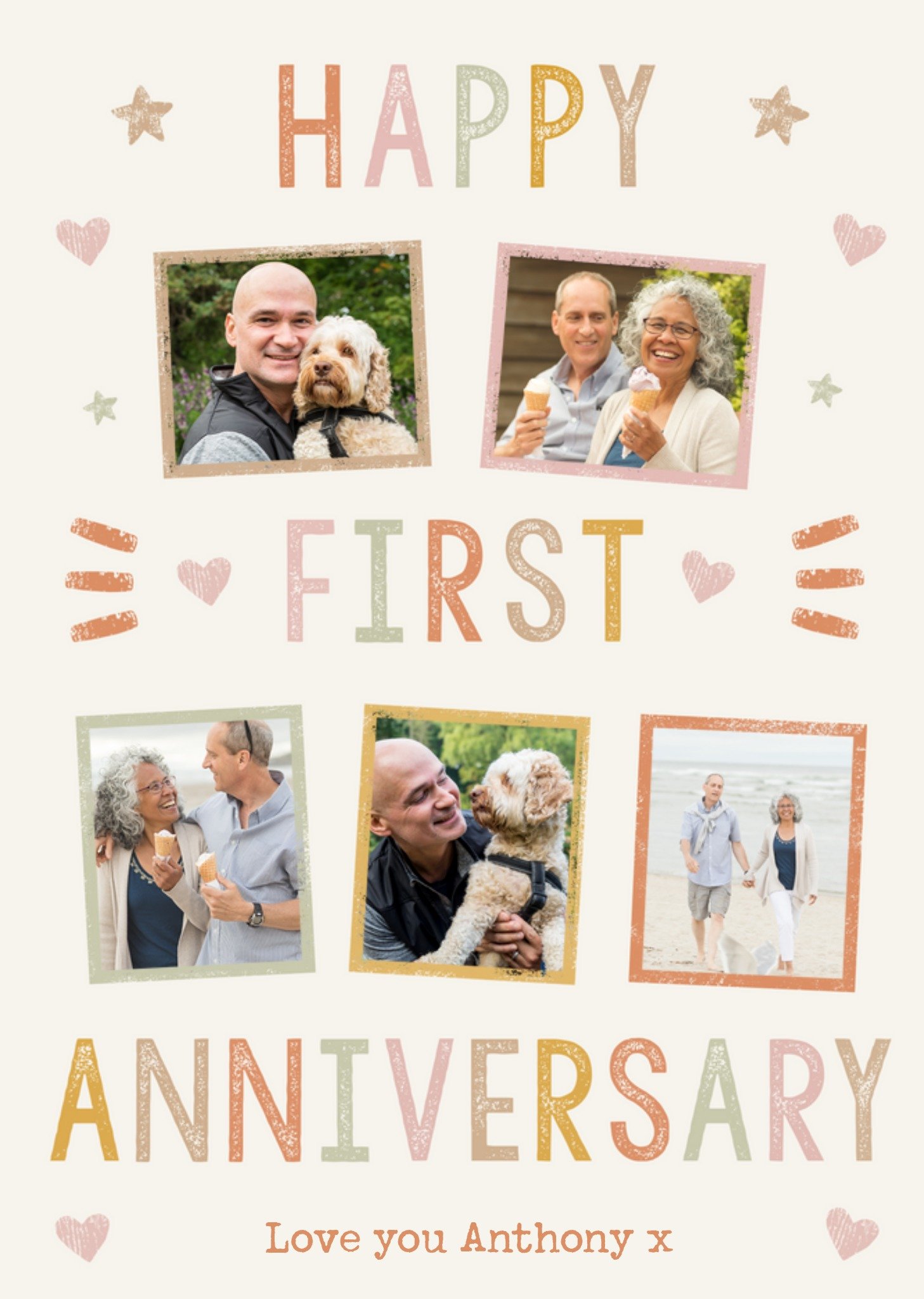 Moonpig Happy First Anniversary 5 Colourful Photo Upload Frames For Partner, Large Card