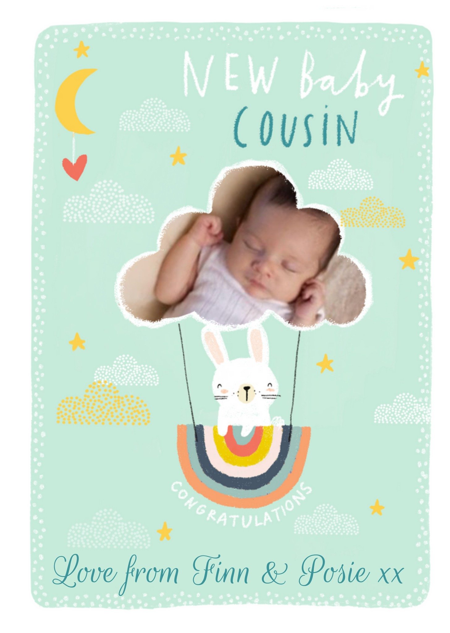 Moonpig Cute Illustration Of A Bunny In A Basket Under A Cloud Shaped Balloon New Baby Cousin Congra