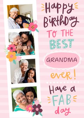 Photo Strip Decorated With Flowers On A Pink Striped Background Grandma's Photo Upload Birthday Card
