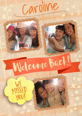 Welcome Back! We Missed You! Photo Upload Typographic Design Card