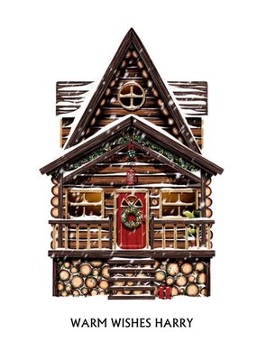 Folio Illustration of a log cabin personalised Christmas card.
