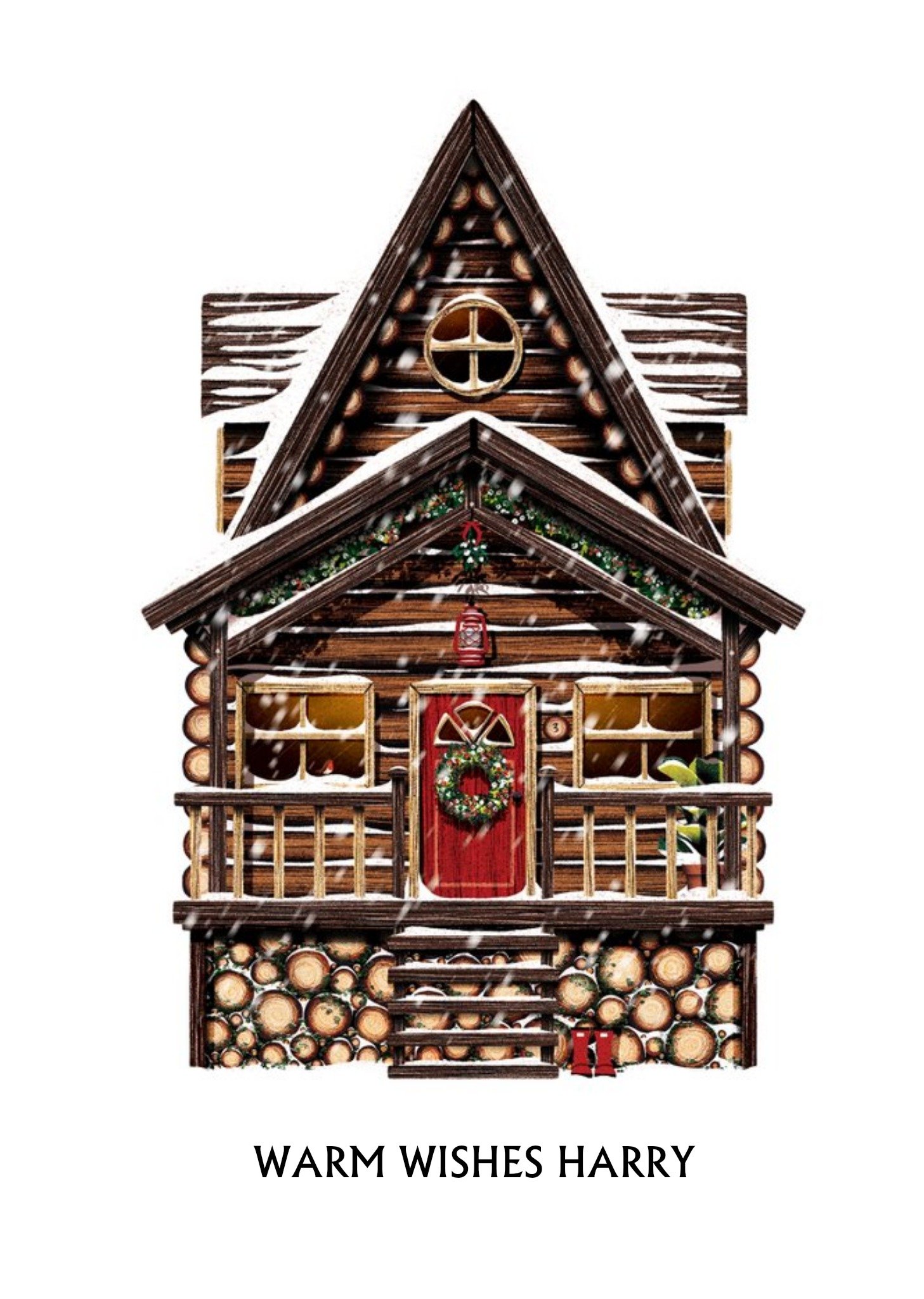 Folio Illustration Of A Log Cabin Personalised Christmas Card.