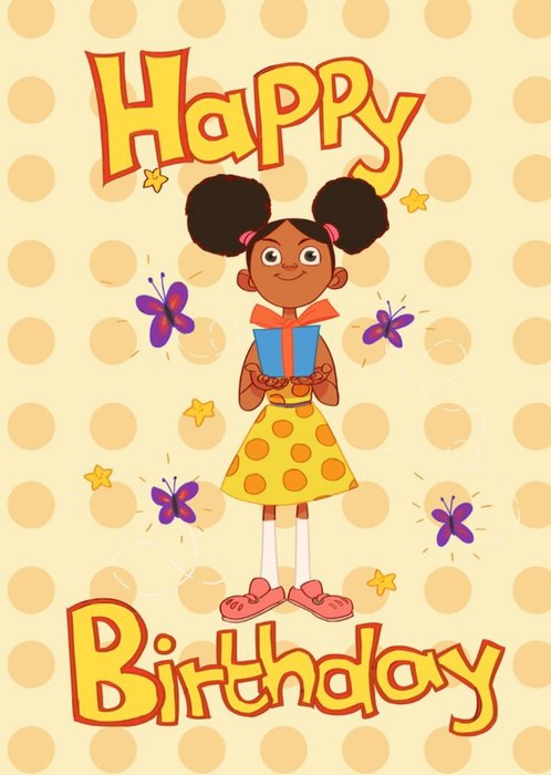 Illustrated Girl Holding Present Birthday Card