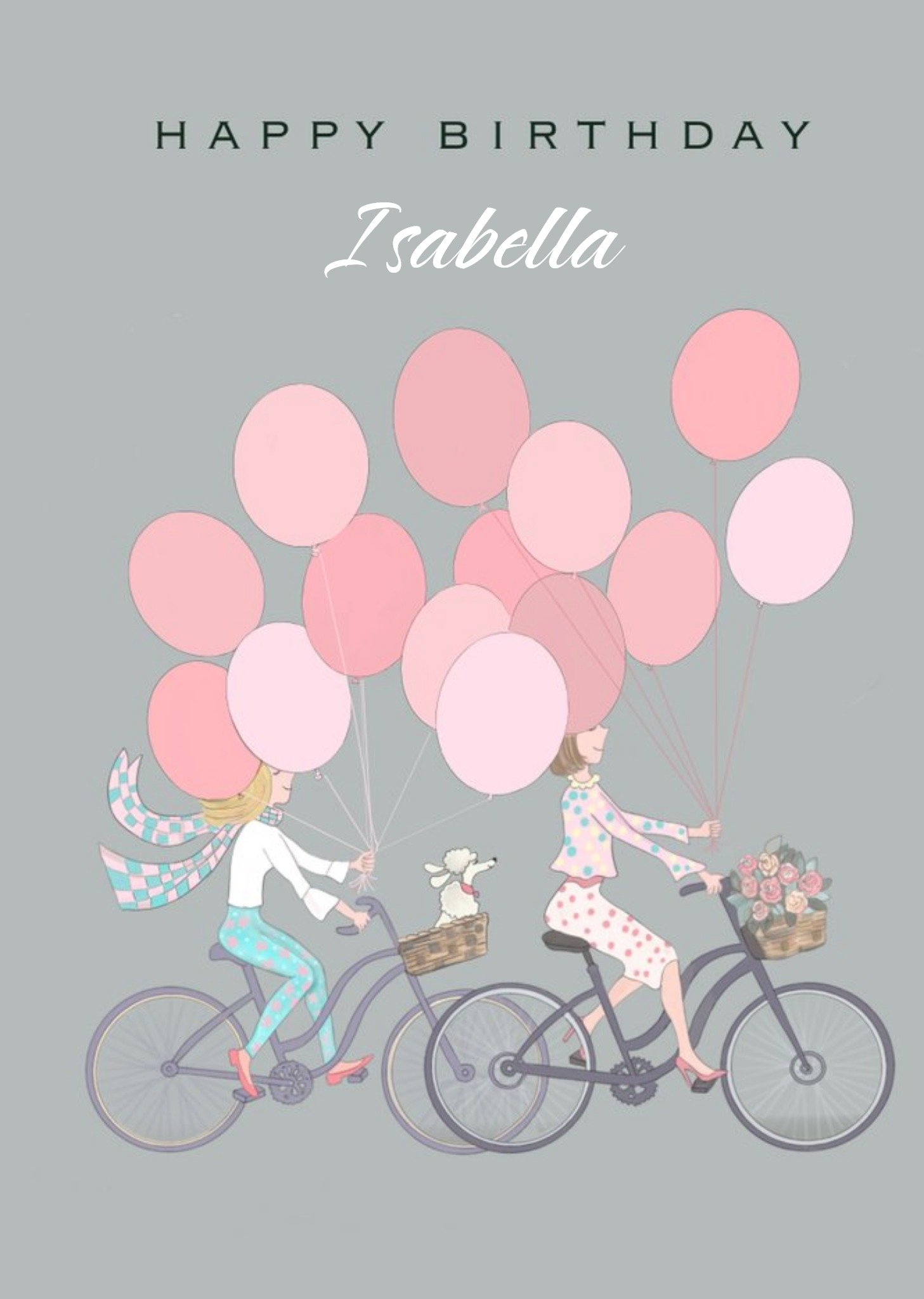 Illustrated Ladies On Bikes Holding Pink Balloons Birthday Card Ecard