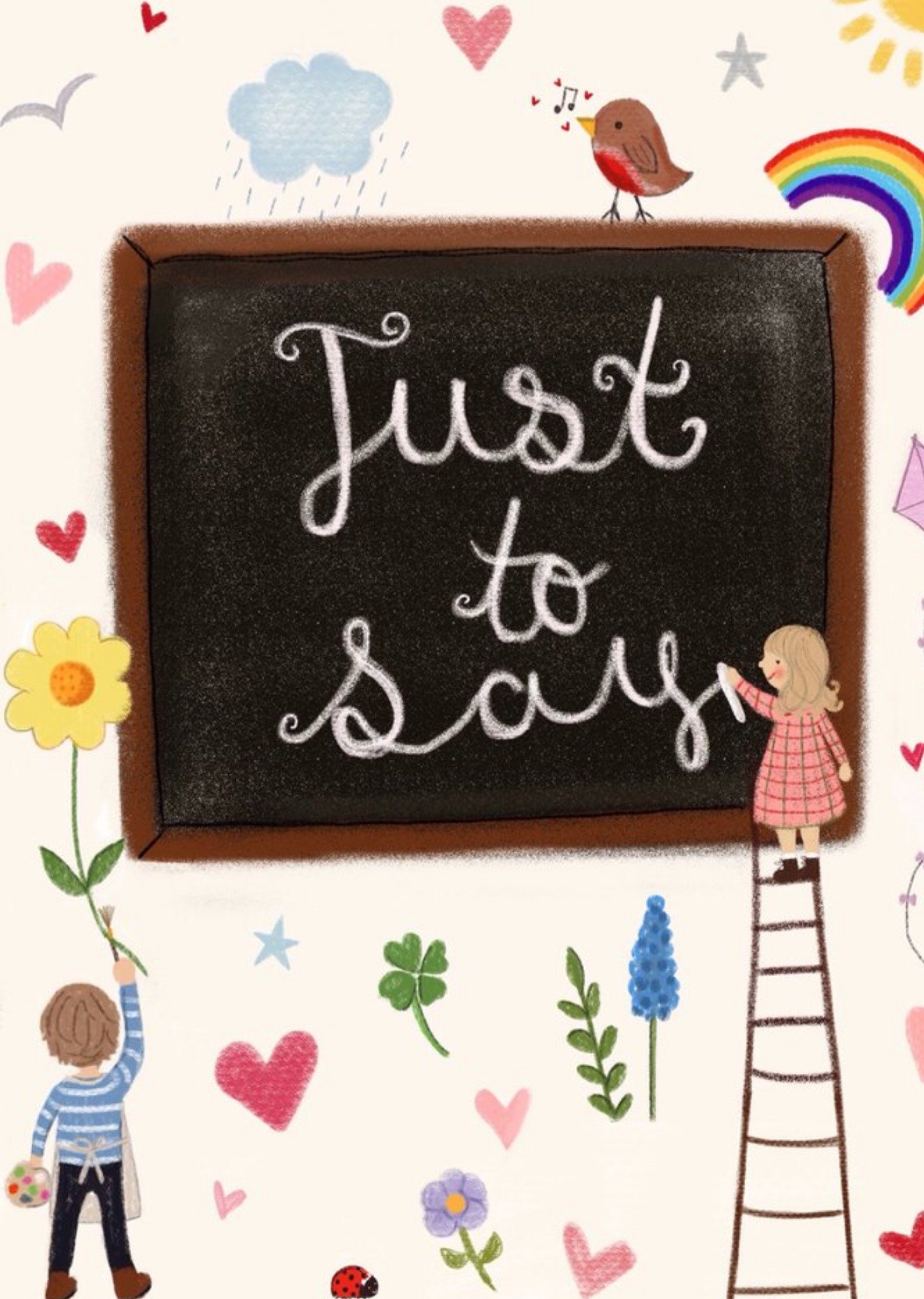 Illustration Of A Girl Writting On A Chalkboard Surrounded By Various Spot Art Just To Say Card Ecard