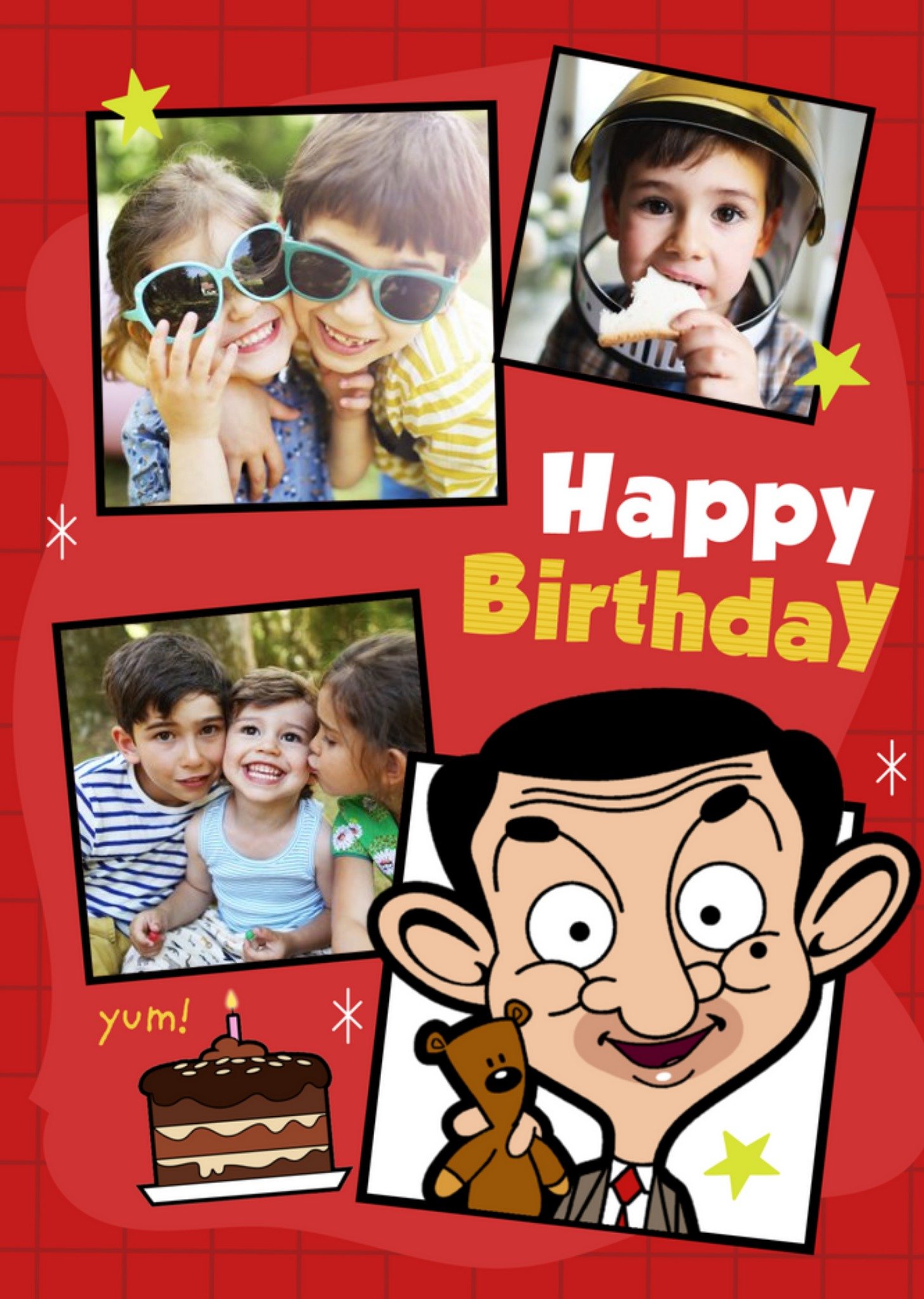 Cute Mr Bean And Teddy Multiple Photo Upload Kids Birthday Card Ecard