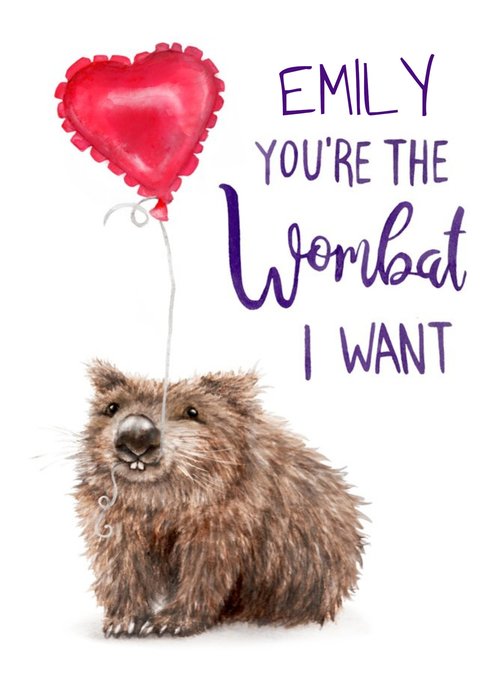 Fluffy Wombat With A Heart Shaped Balloon Illustration Personalised Pun Card