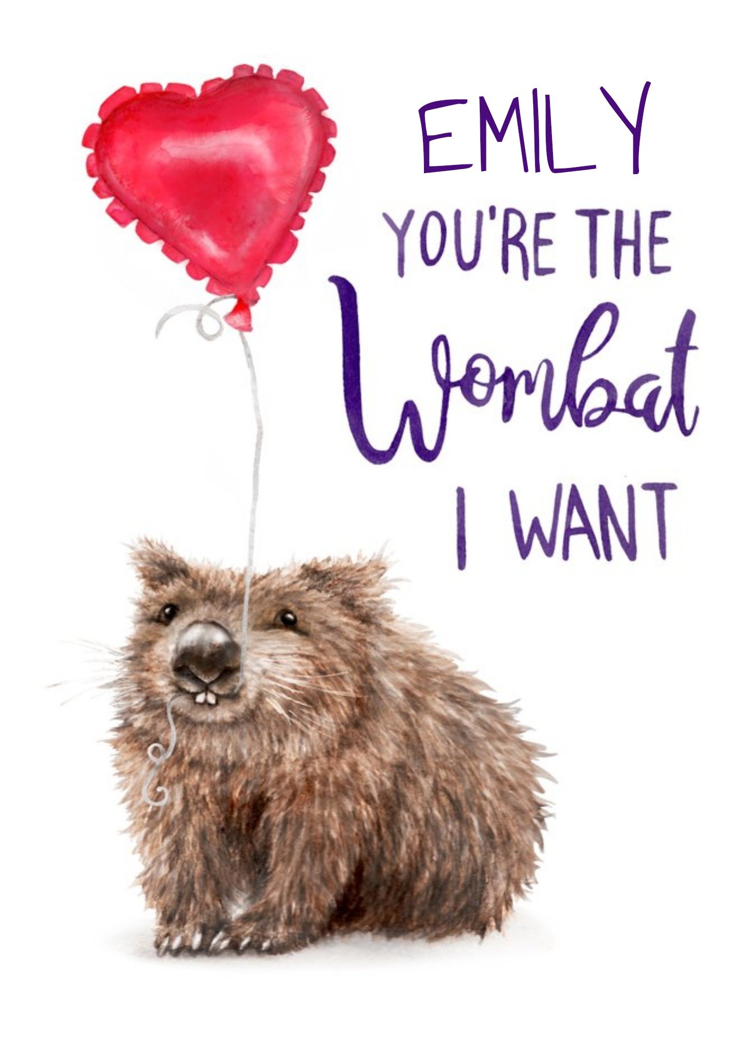 Fluffy Wombat With A Heart Shaped Balloon Illustration Personalised Pun Card Ecard