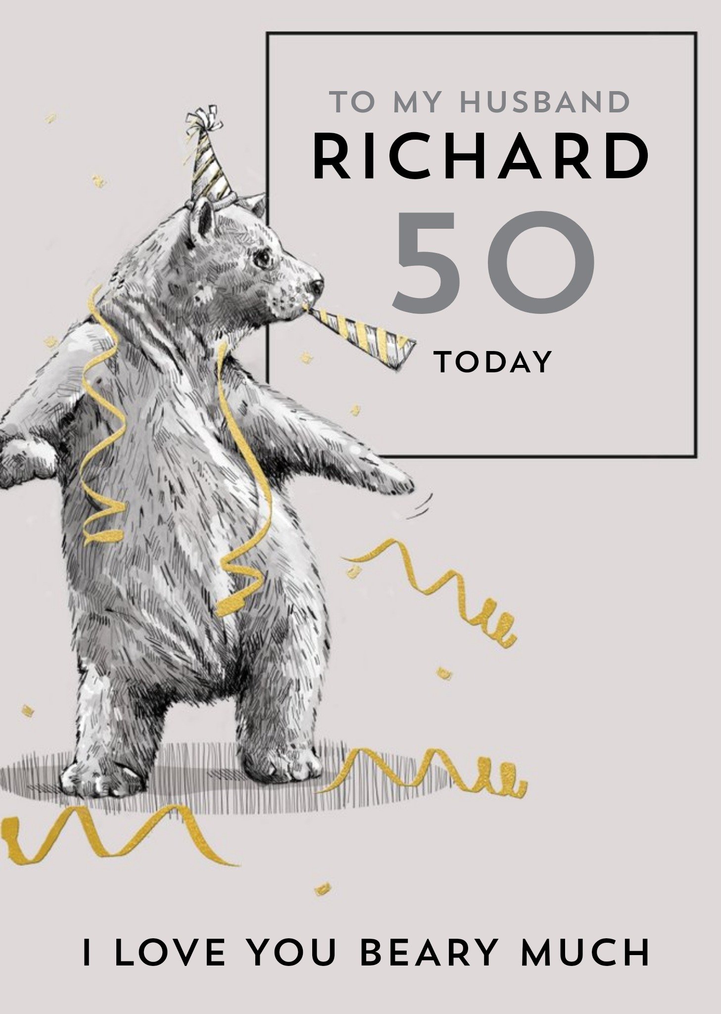 Illustration Of A Bear Wearing A Party Hat Husband's Fiftieth Birthday Card Ecard