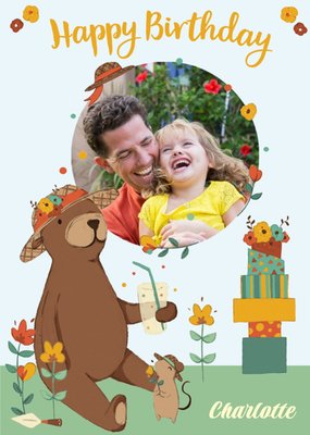 Personalised Bear And Mouse In The Garden Happy Birthday Photo Card