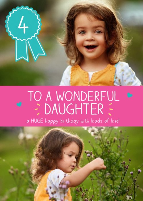 Wonderful Daughter Pink Photo Upload 4th Birthday Card