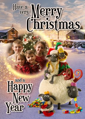 Shaun The Sheep Characters with Christmas Decorations Photo Upload Card