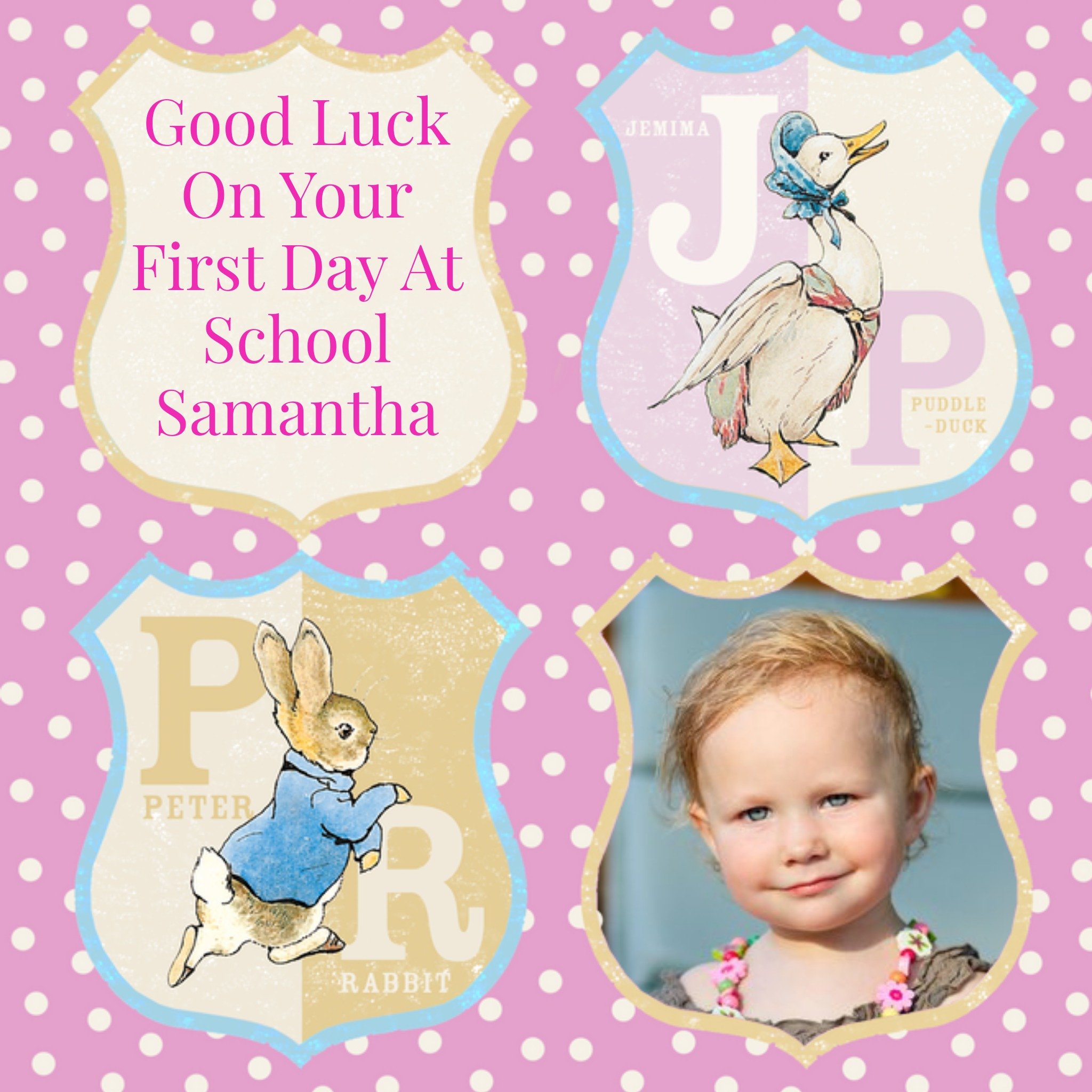 Beatrix Potter Peter Rabbit Jemima Puddle Duck Personalised Photo Upload Good Luck On Your First Day Card, Square