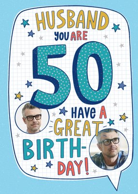 Fun And Colourful Typography With Two Circular Photo Upload's Husband's Fiftieth Birthday Card
