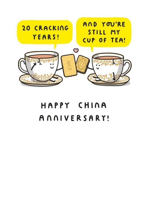Two Tea Cups Toasting With Biscuits Cartoon Illustration Twentieth Anniversary Funny Pun Card