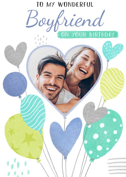 Heart Shaped Photo Frame Surrounded By Colourful Balloons Boyfriend's Photo Upload Birthday Card