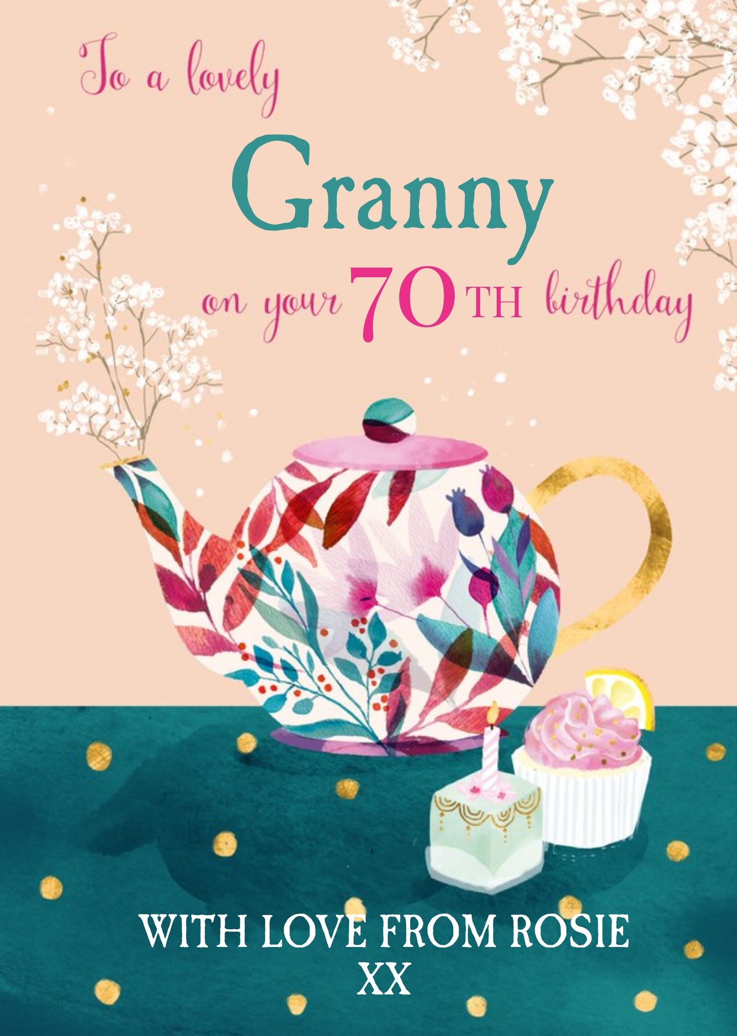 Moonpig Ling Design Illustrated Floral 70th Nanny Cake Birthday Card , Large