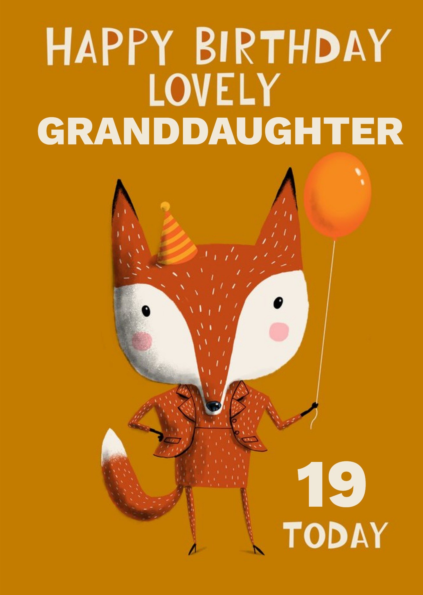 Fox Celebrating With A Party Hat And Balloon Personalise Age Granddaughter Orange Birthday Card Ecard