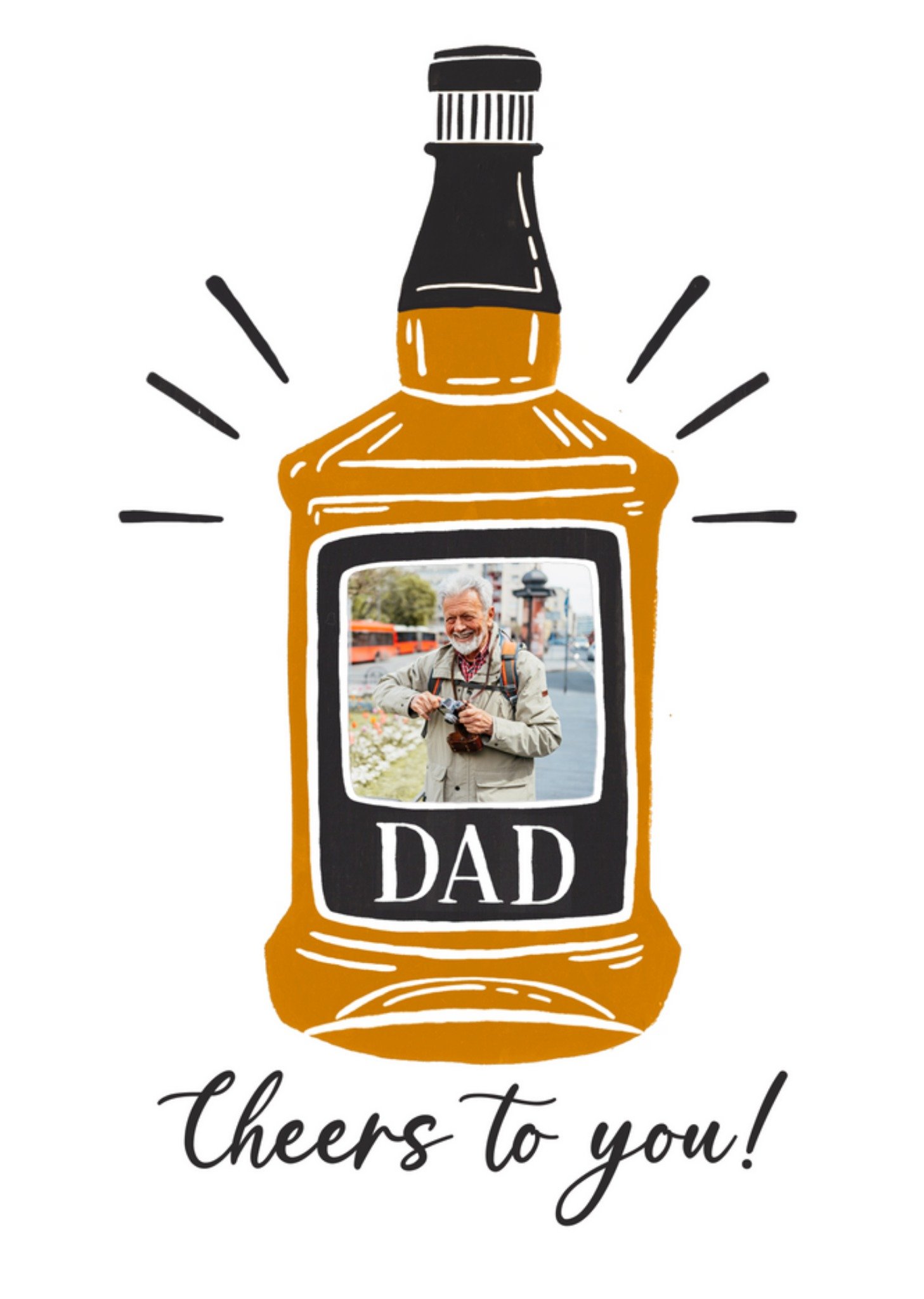 Cheers To You Dad Illustrated Whiskey Bottle Photo Upload Birthday Card Ecard