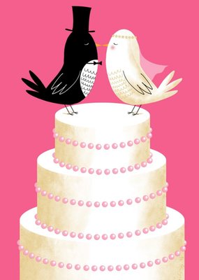 Modern Cute Illustration Love Birds Wedding Cake Wedding Card