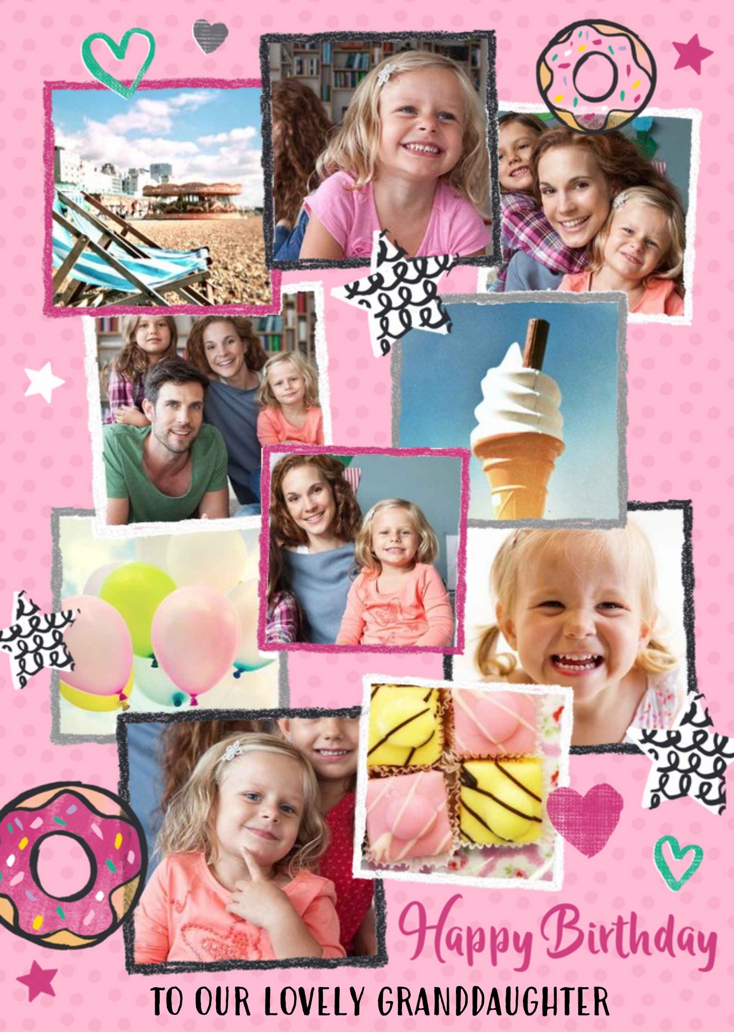 Doughnuts Stars And Hearts Muliti Photo Upload Granddaughter Birthday Card Ecard