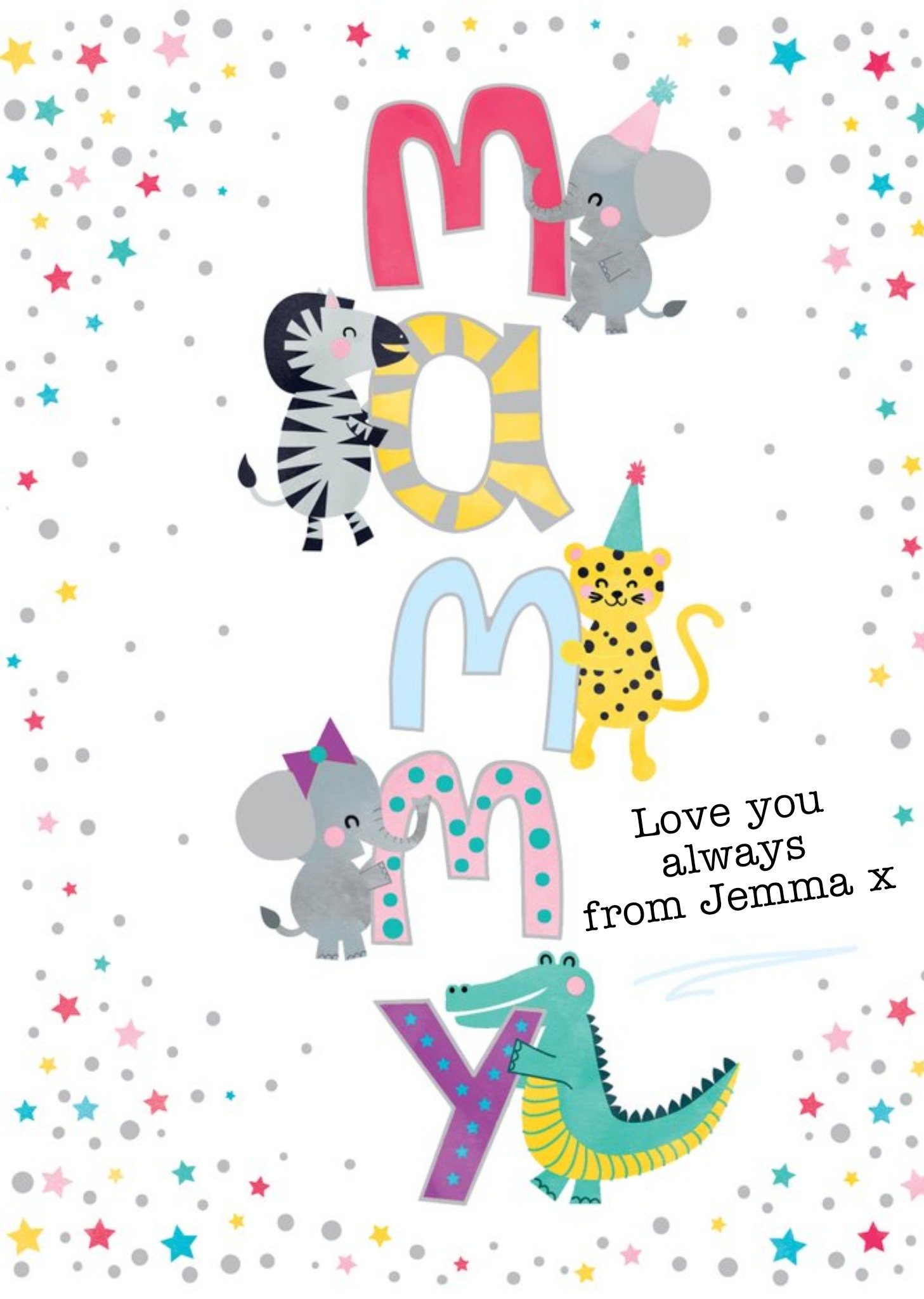 Moonpig Illustrated Animals Colourful Typographic Personalised Mammy Card, Large