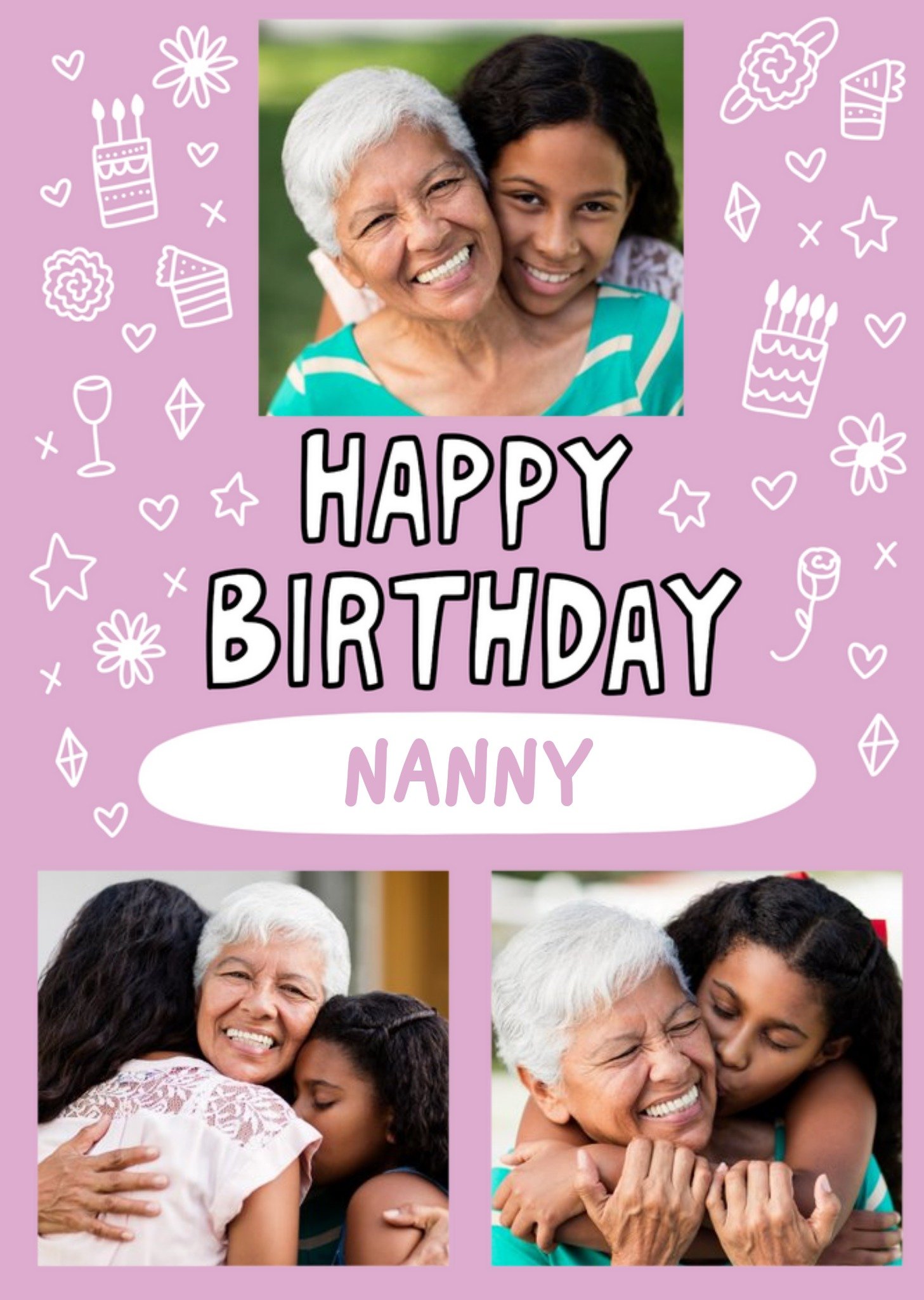 Moonpig Pink Background And Decorative Icons With Three Photos Upload Birthday Card, Large