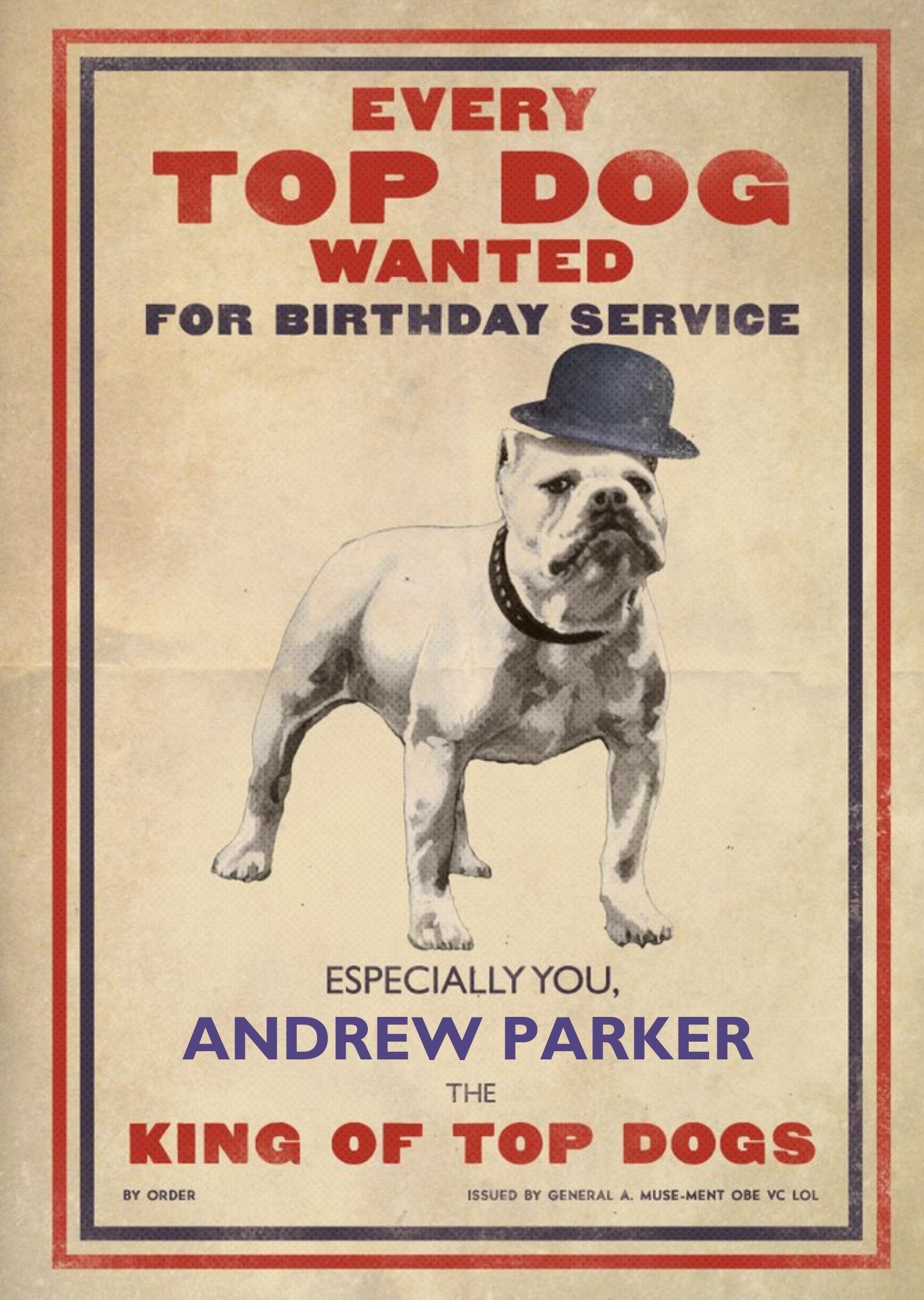 Every Top Dog Wanted Personalised Happy Birthday Card Ecard