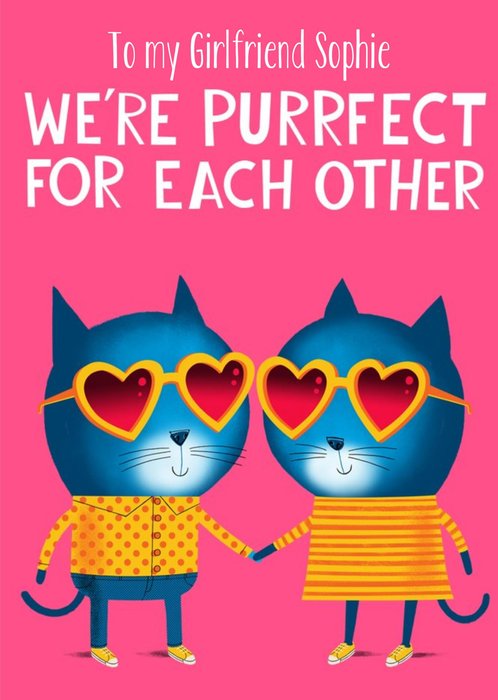 Cute Illustration Of Two Cool Cats On A Pink Background Purrfect Valentine's Day Card