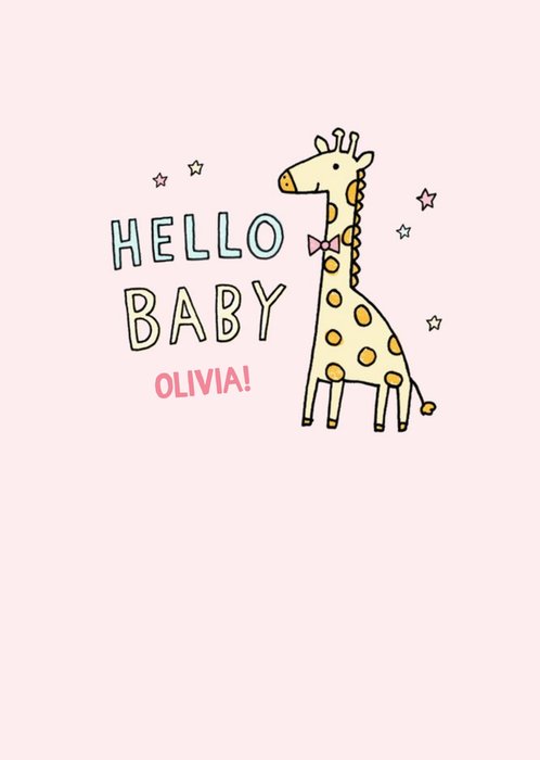 Illustrated Giraffe Surrounded By Stars. Hello Baby, New Baby Girl Card